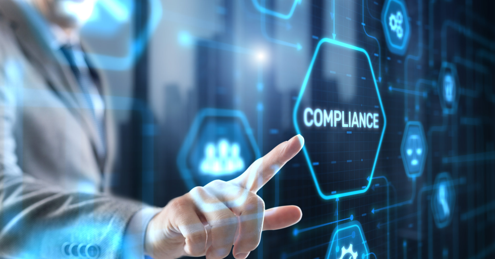 Businessman clicks Compliance Rules Law Business Technology concept